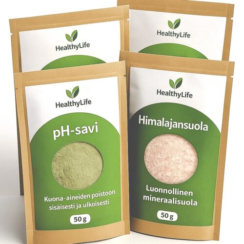 pH-Kokeilupaketti: pH-savi, pH-emäsjauhe, pH-viherjauhe ja himalajansuola